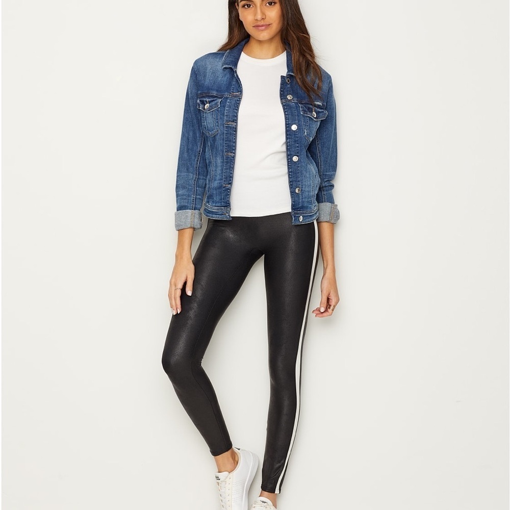 SPANX Faux Leather Leggings Tummy Control With Side Stripe Size L Tuxedo Pants - Picture 8 of 12